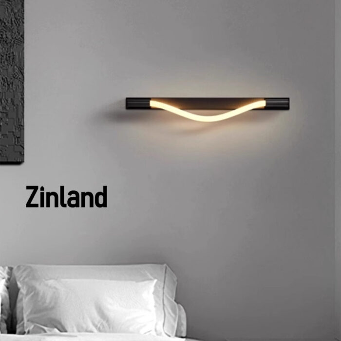 Modern LED wall light with wave design, black metal body, warm lighting, ideal for modern decorative lighting in bedrooms, living rooms, and hallways.