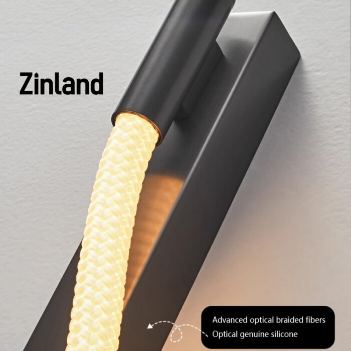 Close-up of a modern LED wall light featuring optical braided fiber and a soft silicone light tube, providing uniform and gentle illumination for indoor decorative lighting.
