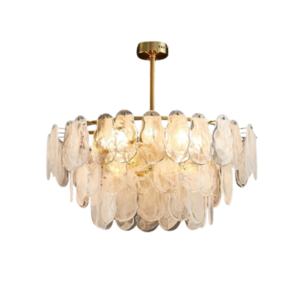 This is a very distinctive glass chandelier, the glass color is milky white mist surface. Fashionable and high-end.