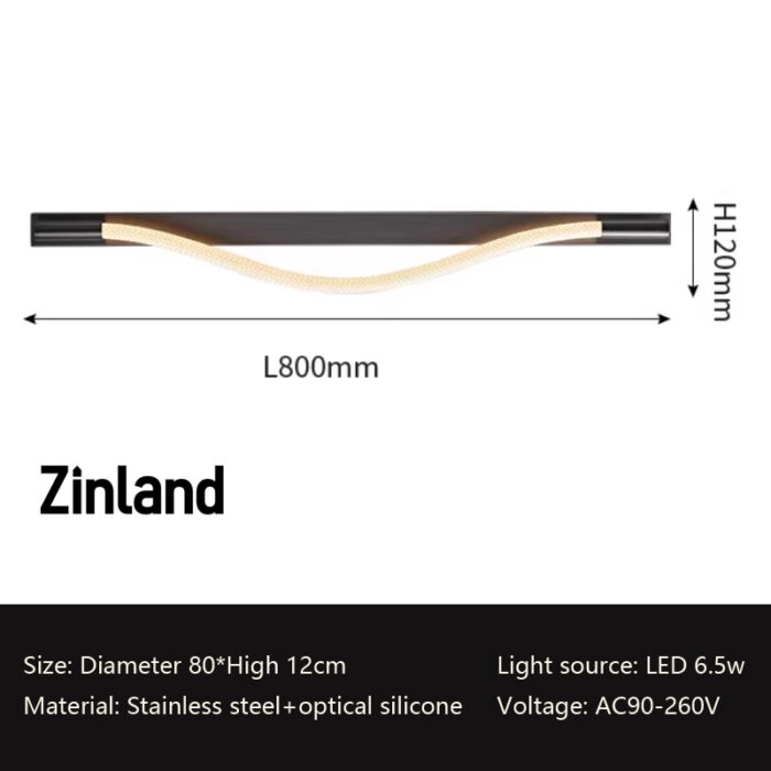 800mm modern LED wall light with wave design, made of stainless steel and optical silicone, featuring 6.5W warm lighting, ideal for living rooms, bedrooms, and hallways.