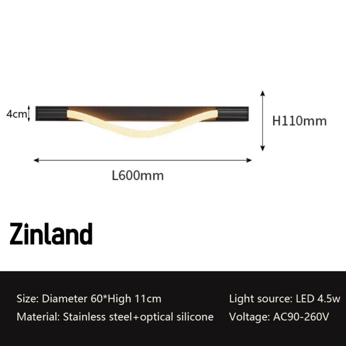 600mm modern LED wall light with wave design, made of stainless steel and optical silicone, featuring 4.5W warm lighting, ideal for living rooms, bedrooms, and hallways.