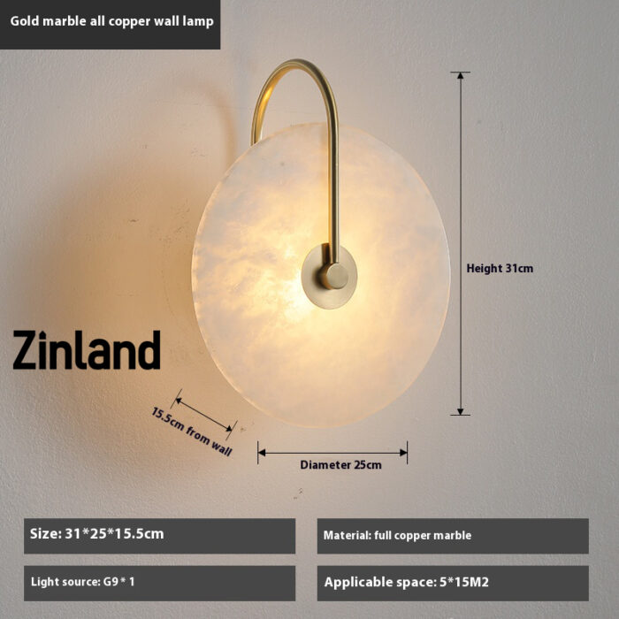 Elegant gold marble wall lamp with full copper design, featuring a round alabaster shade and LED light source.