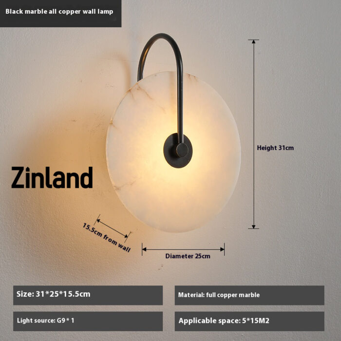Luxury black marble wall lamp with full copper design, featuring a round alabaster shade and LED lighting.