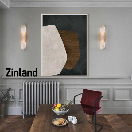 Two marble and brass wall sconces installed symmetrically on the wall, paired with a round mirror for a modern yet elegant interior ambiance